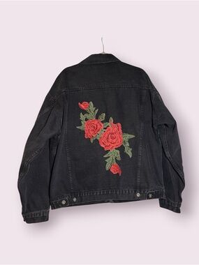 Carmar Black Denim Red Rose Embroidered Button Up Oversized Jacket Size Medium